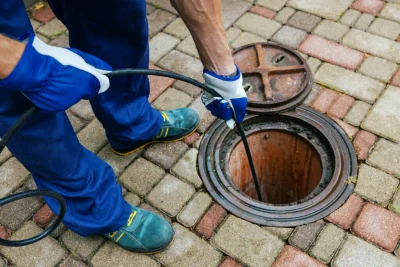 Plumber cleaning an outdoor sewer drain in El Dorado Hills