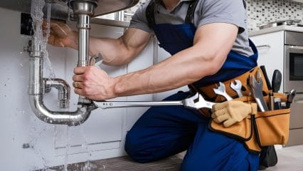 Plumber repairing pipes beneath a sink in El Dorado Hills