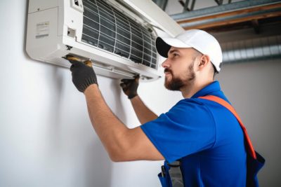 HVAC technician installing a mini split air conditioner in El Dorado Hills